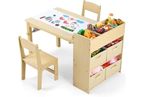 Clevich Kids Table and Chairs, 2 in 1 Children Table and Chair Set, Wooden Kids Craft Table Chairs Set, Children Art Desk with Paper Rolls and 4 Storage Boxes for Drawing, Learning