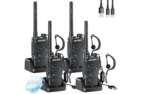 JUCJET EP31 Talkie Walkie, PMR446 Radio Portable Rechargeable, 16 Canaux, Alarme Clignotante, IP54 Résistant à l'eauTalkie walkie. avec des écouteurs Originaux et Station de Charge USB (4 pièces)