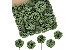 N&T NIETING 50 Rosas Artificiales de Primavera con Tallo para Manualidades, Ramos de Boda, centros de Mesa para Novia, Baby Shower, Fiesta, hogar, Ducha, arreglo, decoración (Verde Militar)