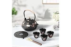 Dyna-Living Teekanne Gusseisen Set, Japanische 1,2 Liter Gusseiserne Teekanne 4 Teebecher, Basis, Edelstahl Sieb, Holzgriff Clip, Handbemaltes Elsternmotiv, Schwarz