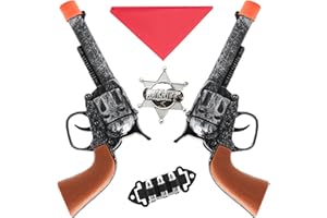 AYNKH 5 Pcs Children's Wild West Cowboy Sheriff Double Gun Set with Two Cowboy Toy Guns, Red Bandana, Bullet Clips and Sheriff's Badge for Role-Play, Theatre Performances, Dress-Up Parties