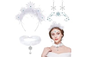BEIPEGIN 4PCS Cerchietto Fiocco di Neve Orecchini Fiocco di Neve Collana Fiocco di Neve Tatuaggi Natale, Costumi Natale Donna di Fiocco di Neve, Accessori Costume Frozen per Festa di Carnevale Natale Halloween