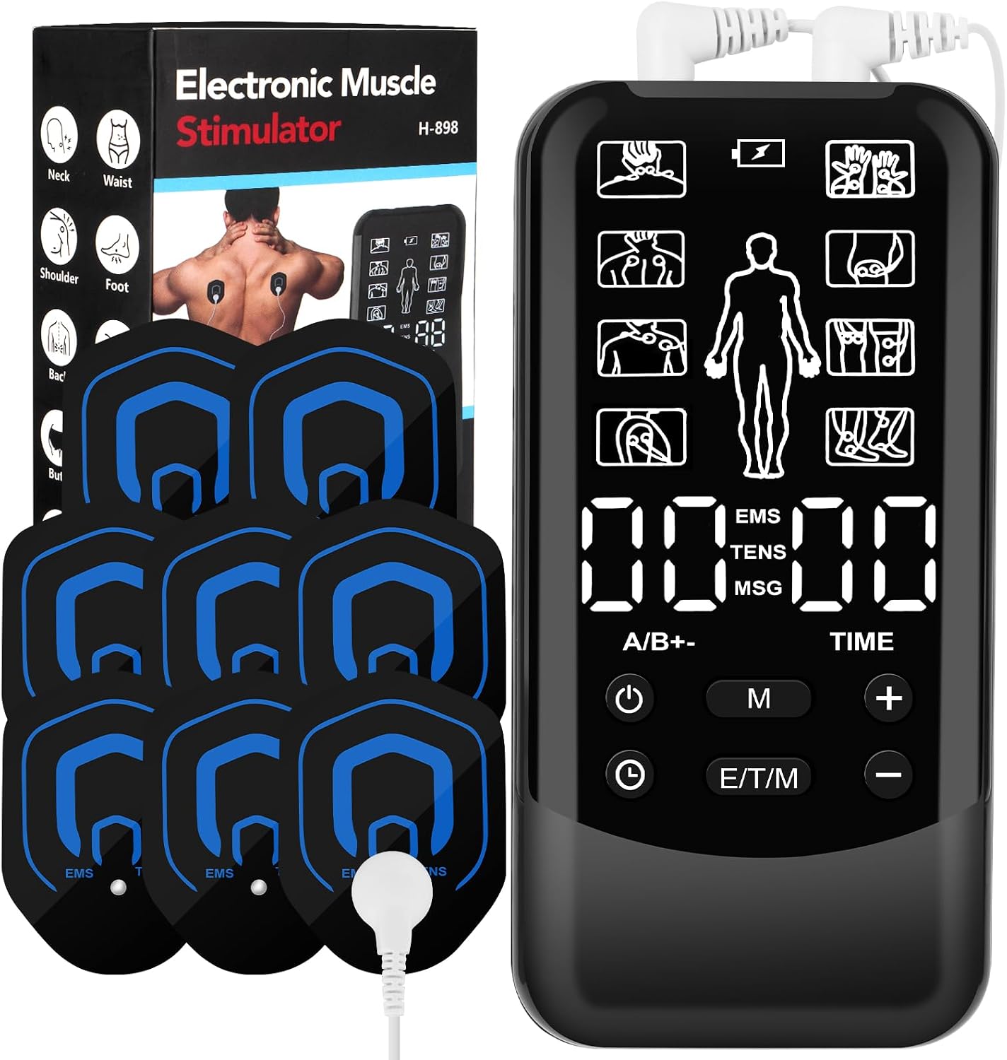 8 electrodos TENS/EMS/MSG Electroestimulador Muscular, 3-en-1 estimulador Muscular de 24 modos, 30 Niveles, Para masajes, para aliviar el dolor