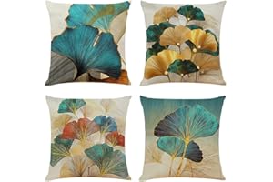 NIULAA Decorativos Lino Fundas de Cojines 50x50 Sofa Set de 4 Verde Azulado Moderno y Hojas Doradas Fundas de Almohada Decoración Ginkgo Fundas Cojines Cuadrados Exterior Jardin