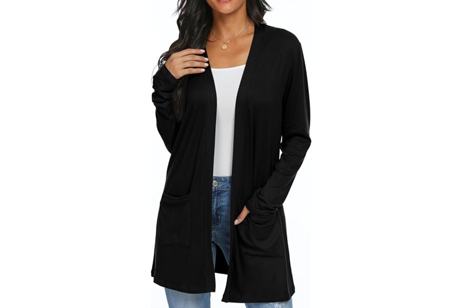 QIXING Womens Cardigans with Pocket Lightweight Long Sleeve Open Front Cardigans for Women UK Elegant Casual Ladies Boyfriends Cardigans for Spring Summer Autumn