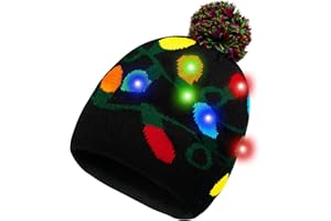HOTUVEP Light Up Christmas Hat, LED Christmas Cap with Replaceable Battery, Glow In The Dark Xmas Beanie Knitted Hat with 6 Colorful Lights, Unisex Santa Hat for Kids Adults Christmas Party Costume