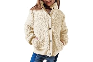Haloumoning Jacke Mädchen Langarm Sherpa Teddy Fleece Mantel Kinder Warme Jacke mit Taschen Knöpfe