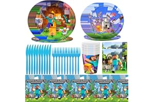 IOSCDH Mine-craft Stoviglie per Feste di Compleanno,Decorazioni Compleanno Mine-craft,Articoli per Feste per Bambini,Include Striscione di Tovaglioli Piatti Coppe di Carta Tovaglia di Compleanno ... ,10 Osp