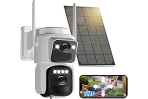 Abiso 8MP Caméra Surveillance WiFi Extérieure à Double Objectif,Suivi Automatique,Audio Bidirectionnel,AI Détection Humaine avec Panneau Solaire,360° PTZ Caméra,Vision Nocturne Couleur,IP66,2,4/5Ghz