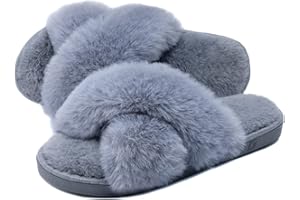 Dena lives Ladies FLuffy Cross Band House Slippers, Fuzzy Memory Foam Open Toe Slipper For Womens Indoor Slip On