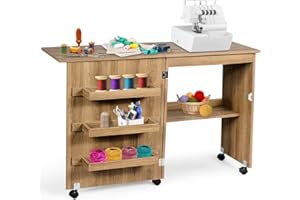 COSTWAY Folding Sewing Table, 2-in-1 Rolling Craft Table with Storage Shelves and Lockable Casters, Space Saving Sewing Machine Cabinet Computer Desk (Natural)