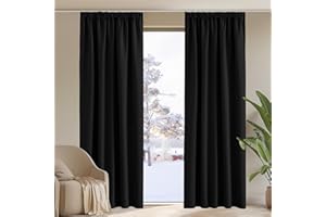 PONY DANCE Rideau Occultant Thermique - Rideau Thermiques Isolants Anti Froid Galon Fronceur pour Salon Chambre Enfant Adulte, L 140 x H 245 cm, 2 Pièces, Noir