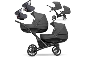 Une poussette jumelle 3 en 1 et 2 en 1 nacelle landau siège auto KUNERT Booster 3in1 et 2in1 poussettes (graphite, 3en1)