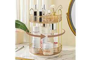 TRIWIND 360 rotating makeup organiser, 2 Tiers skincare cosmetics perfume vanity organiser, Large Capacity dressing table organiser, spinning make up organiser storage for vanity Bathroom Bedroom, Gold
