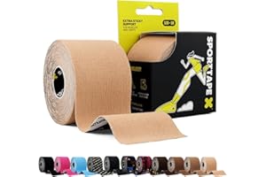 SPORTTAPE Kinesiology Tape, 5cm x 5m, Beige - Waterproof & Hypoallergenic Kinetic Physio Tape for Muscle Injury Recovery, Sports Strapping, Knee Pain, Joint Support & Blisters - Single Uncut Roll