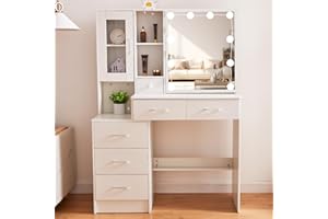 Teousev Big Dressing Table with Mirror, 140×100×40cm Vanity Desk with LED Lights Mirror, 3 colors, Adjustable Brightness, Makeup Desk with Drawers and Open Shelves, Modern Dresser