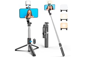SELFIESHOW Selfie Stick Tripod ze światłem napełniającym, rozszerzalny 106CM SelfieStick z odłączanym pilotem, 360 obrotowy statyw telefonu komórkowego kompatybilny z iPhone 14 13 12 11 8 7 Pro Max, Samsung Smartphone