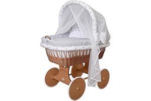 ‎WALDIN Waldin Baby Stubenwagen-Set mit Ausstattung, XXL, Bollerwagen, komplett, 24 Modelle wählbar, Gestell/Räder braun lackiert, Stoffe grau/Sterne
