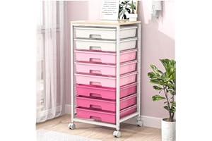 SYKIARIOL 8 Drawers Rolling Storage Trolley, Utility Storage Cart on Lockable Wheels with Plastic Drawers, Multipurpose Mobile Organizer Unit for Living Room,Bedroom,School,Beauty, Pink