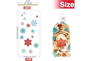 Yumcute Lot de 100 sacs à biscuits de Noël flocon de neige, sacs en cellophane transparents Candy Bar Candy Bags avec attaches torsadées pour Candy Cookies