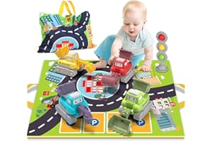 SOGAWEBB Baby Toys 1 2 3 Year Old Boys, 6 In 1 Toddler Toy Cars Gifts for 1-3 Year Old Boy, Press And Go Friction Powered Construction Truck Toy with Traffic Lights Map Carry Bag