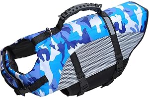 TOWEAR Chaleco salvavidas para perros, chaleco salvavidas de flotación para mascotas, traje de baño con asa para seguridad en el agua en la playa, piscina y navegación