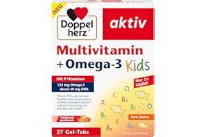 ‎DOPPELHERZ Doppelherz Multivitamin + Omega-3 Kids - 9 Vitamine plus Omega-3-Fettsäuren aus Seefischöl - 27 Gel-Tabs mit Tuttifrutti-Geschmack