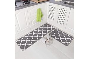 Carvapet 2 Pieces Non-Slip Kitchen Rugs Machine Washable Moroccan Pattern Doormat Kitchen Floor Mat (Grey)
