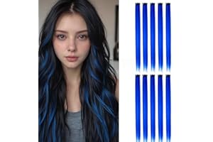 BUYOGET Coloured Hair Extensions Clip in 10 pcs Straight Synthetic Hairpieces Highlights 22 Inch Sapphire Blue Clip on Hair Extension for Women Girls Christmas Party