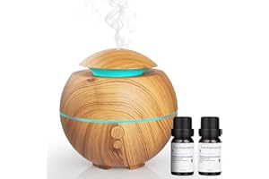 Simpeak 180ml Difusor, Difusor Aromaterapia 7-Color LED Ultrasónico y 2 Opciones de Niebla, Rose Essential Oil+Rosemary Essential Oil, Humidificador para Casa Yoga Oficina SPA - Marrón Claro