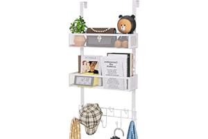 HapiRm Over The Door Organizer with 9 Coat Hooks and 2 Baskets, Stainless Steel Rustproof & Waterproof Over The Door Hanger Hooks for Bathroom, Kitchen, Bedroom-White (for 1.76in Doors)