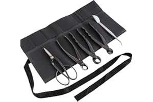 Wazakura Made in Japan - Kit di 5 attrezzi per bonsai con borsa in rotolo: forbici per bonsai Yasugi in acciaio Ashinaga, tronchese concavo, taglierina a pomello, tronchese per fili, pinzette, set