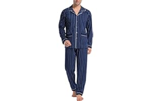iClosam Pyjama Homme Hiver Coton 2 Pièces Pyjama Long Chaud à Carreaux Ensemble de Pyjamas avec Bouton à Manches Longues Vêtements de Nuit à Rayé S-XXL