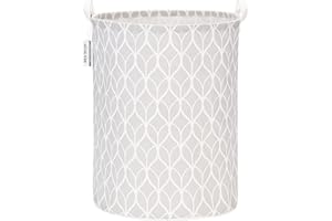 Sea Team 19.7 Inch Large Sized Waterproof Coating Ramie Cotton Fabric Folding Laundry Hamper Bucket Cylindric Burlap Canvas Storage Basket with Stylish Bud Grey Design