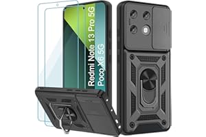Yohii Funda para Xiaomi Poco X6/Funda Xiaomi Redmi Note 13 Pro 5G, con 2 Piezas Vidrio Templado, Cubierta De Cámara Deslizante, 360 Anillo Soporte PC y Silicona TPU Bumper Antigolpes Case, Negro
