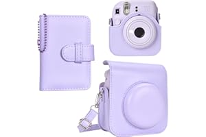 HIYQIN Estuche para cámara instantánea Compatible con Instax Mini 12, Bolsa de Cuero PU con Bolsillo, Correa Ajustable para el Hombro y Mini álbum de Fotos con 28 Bolsillos (Morada Puro)