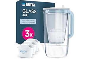 BRITA Glass Water Filter Jug Light Blue (2.5L) Starter Pack inc. 3x MAXTRA PRO Pure Performance - Premium Glass jug with easy-filling Flip-Lid and Indicator - in sustainable Smart Box packaging