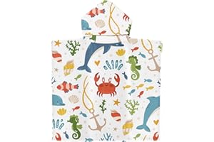 SATISKID Kids Hooded Towel Poncho 65x75cm Children Beach Towel Poncho Towelling Poncho with Hood Boys Girls Bath Towel Bathrobe Hooded Swimming Towels Kids Pool Beach Changing Robe (White- Sea animals)