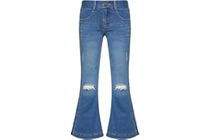 YUUMIN Pantalon Denim Enfant Fille Mode Jeans à Jambes Larges Pantalon Ceinture Elastique Jeans Déchiré Troué Pantalon à Pattes D'éléphant 5-16 Ans