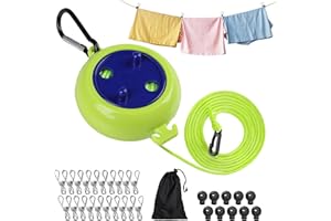 Geepen Lot de 8 m de Corde à Linge de Rétractable avec 10 Boucles Fixes et 20 Pinces Coupe-Vent Corde à Linge Portable Anti-enroulement pour Salle de Bain, Camping, Extérieur, Jardin ou Voyage