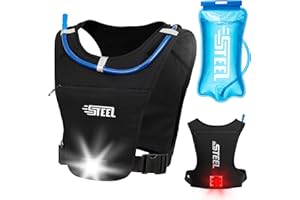 STEEL Gilet Running d'hydratation Réfléchissant - Lampe LED 300 lumens intégré, Ajustable, Gilet léger, Réservoir 2 Litres pour Randonnée, Trail, Running, Course à Pied, Marathon, Vélo - Homme et Femme
