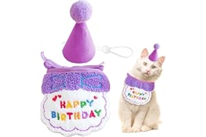 SUBTAVIK Pañuelo de cumpleaños para perro, sombrero de cumpleaños para gato, sombrero de cumpleaños para perro, sombrero de fiesta para perro, babero de feliz cumpleaños para perro, traje para mascota (morado)