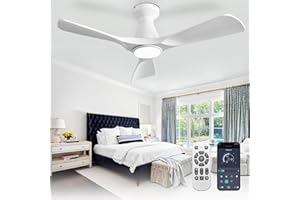 Depuley 42-Inch Ceiling Fans with Lights: White 3 Blade Flush Mount Low Profile Ceiling Fan for Bedroom - Dimmable Outdoor Quiet DC Motor Fan with Remote APP Control Timer