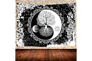 UHOMETAP Tapiz de sol y luna, mandala blanco y negro para colgar en la pared, tapiz de árbol de la vida Yin Yang, 80 x 60 pulgadas, decoración del hogar para dormitorio GTQQUH666