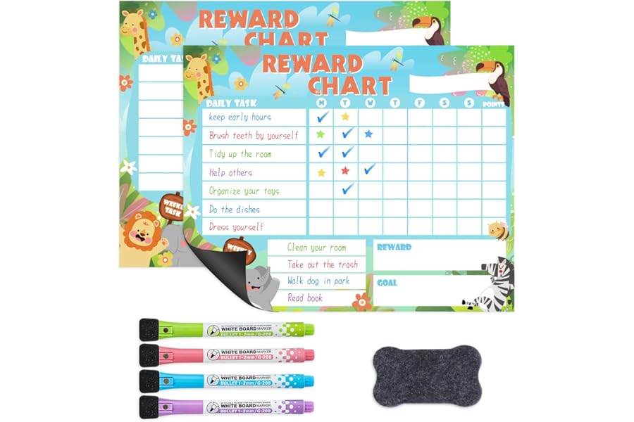 2 Packs Magnetic Reward Charts for Children Behaviour, Reusable Fridge Behaviour Chores Charts for Kids to Motivate Responsibility & Good Habits, with 4 Markers & 1 Eraser, 25.5*20.5cm (Cute Animals)