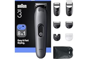 Braun Kit De Rasage Tout-En-Un Series 3, 8-En-1, Lame Ultra-Affûtée, 14 Longueurs, Coupe Précise Pour Visage Et Cheveux, Autonomie De 50 Min, Style Facile Et Rapide, AIO3540, Gris