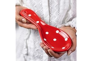 City to Cottage Spoon Rest for Stove Top, Large Ceramic Spoon Holder for Kitchen Counter, Cooking Utensil Rest for Countertop, Handcrafted Red Polka Dot Spoon Rest for Ladle, Spatula, Tong