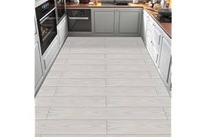 ELFFLOOR Self Adhesive Floor Planks, Floor Tiles Self Adhesive, Vinyl Flooring Waterproof Peel and Stick for Kitchen Bathroom Living Room Grey White Wood PVC 90X15cm