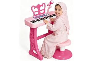 Piano Keyboard Toys for Kids, 37 Keys Multifunction Early Development Toddler Toy, Pink Portable Electric Instruction with Microphone & Stool, Birthday Lesser Bairam Gifts for Boys Girls Age 3 4 5