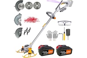 YUEWXTER Akku Rasentrimmer (2 x 4.0A Akku und schnelles Ladegerät, Hilfsgleitrad, 90° Drehkopf, Teleslopstiel, 2X Sägeblätter, 2X Metallmesser, 20x Trimmerfaden) freischneider ​akku